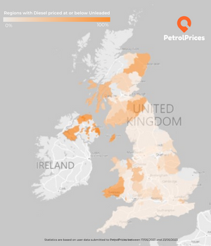 Diesel Priced below Unleaded Map (1) Diesel v Unleaded Map