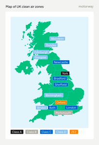 Emissions zones that charge cars in the UK are in Class D, along with Oxford’s ZEZ. Vans are additionally charged in Class C CAZs. 