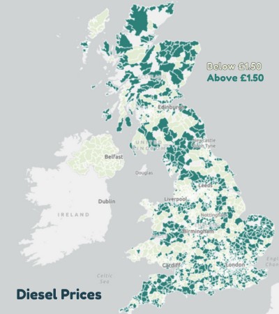 Diesel prices across the UK that are under £1.50 per litre